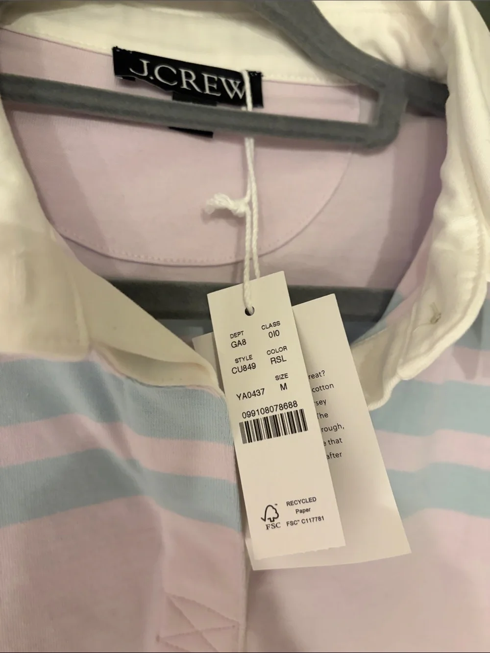 J. Crew Lavender and Pale Blue Striped Rugby Polo with White Collar